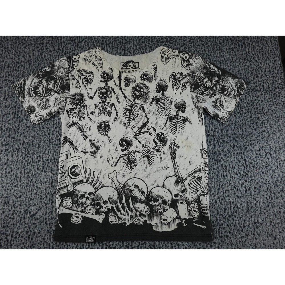 Lurking Class T-Shirt Mens Medium White All Over Skeleton Graphic Tee
